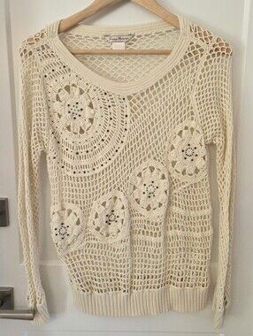 Tommy Bahama Crochet Fishnet Sweater Cream Beaded Boho Coastal Grandma Dainty